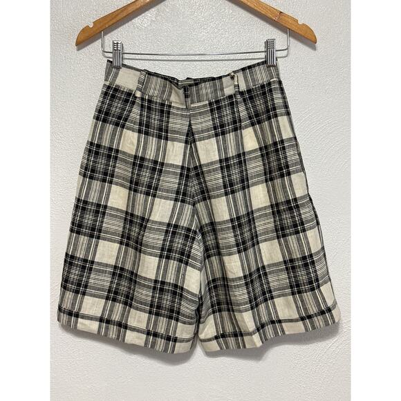 VTG Linen Fall Mom Bermuda Shorts 8 Black Cream Plaid Jorts City Fall Preppy - Picture 7 of 12